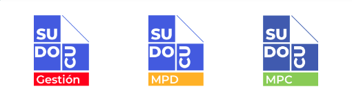 Logos de SUDOCU Módulo Gestión con letras rojas, Módulo de Publicación y Digesto MPD con letras amarillas, Módulo de Parametrización y Configuración MPD letras verdes