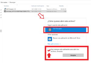 Archivo descargado seleccionado resaltado con recuadro rojo, {icono software SIU firmador resaltado como elección de programa con el que se abre archivo, opción de Abrir siempre archivos.firmador resaltado recuadro rojo