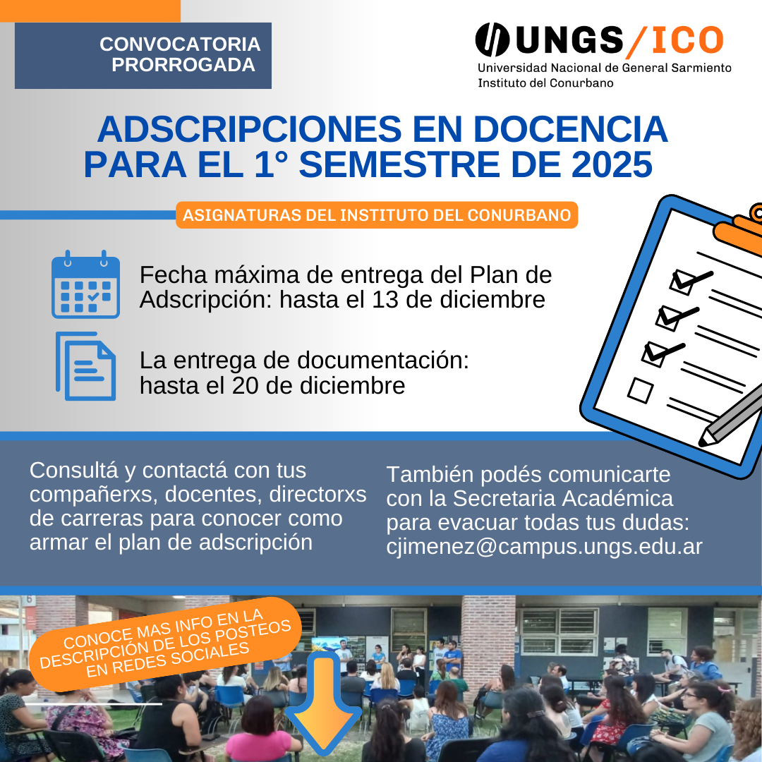Convocatoria a Adscripciones en docencia para el primer semestre de 2025 en asignaturas del Instituto del Conurbano